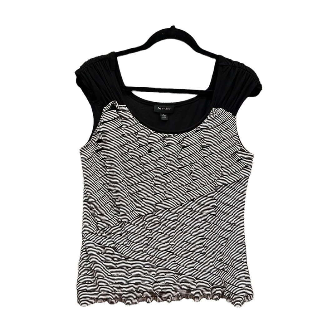 AB Studio, White stripes on black, ruffled, Tank. Women’s size L. Used, …